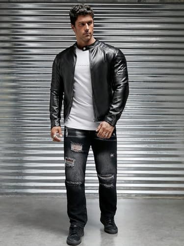 WDIRARA Men's Pu Leather Jacket Long Sleeve Zip Up Motorcycle Jacket Biker Coat4