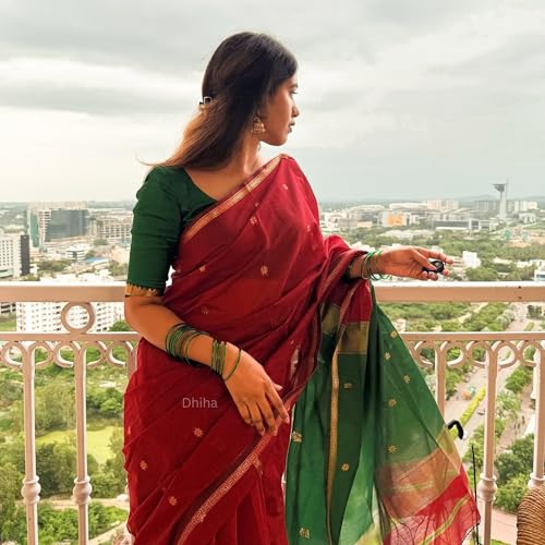 Image of Original Maheswari Cotton Silk Saree for Women | Kanjivaram Pure Silk Cotton Sari with Blouse | Zari Work | Tassels | Handloom Weave