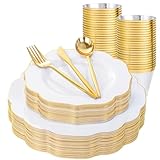 bUCLA 180PCS White and Gold Plastic Plates Disposable - White with Gold Rim Dinnerware Set Include 30 Guests Dinner & Dessert Plates, Cups, Cutlery Set for Wedding, Party & Thanksgiving Table Decor