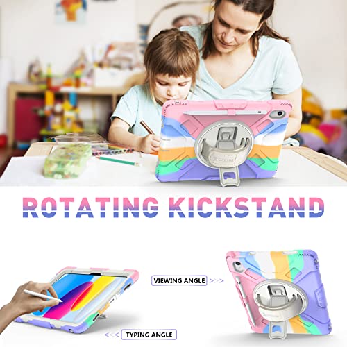 Groleoa Ipad 10Th Generation Case: Ipad 10.9’’ 2022 Case With Pencil Holder For Kids, Military Grade Protective Case For Ipad 10Th Gen Withrotating Stand- Hand/Shoulder Strap, Rainbow Pink #TOP2