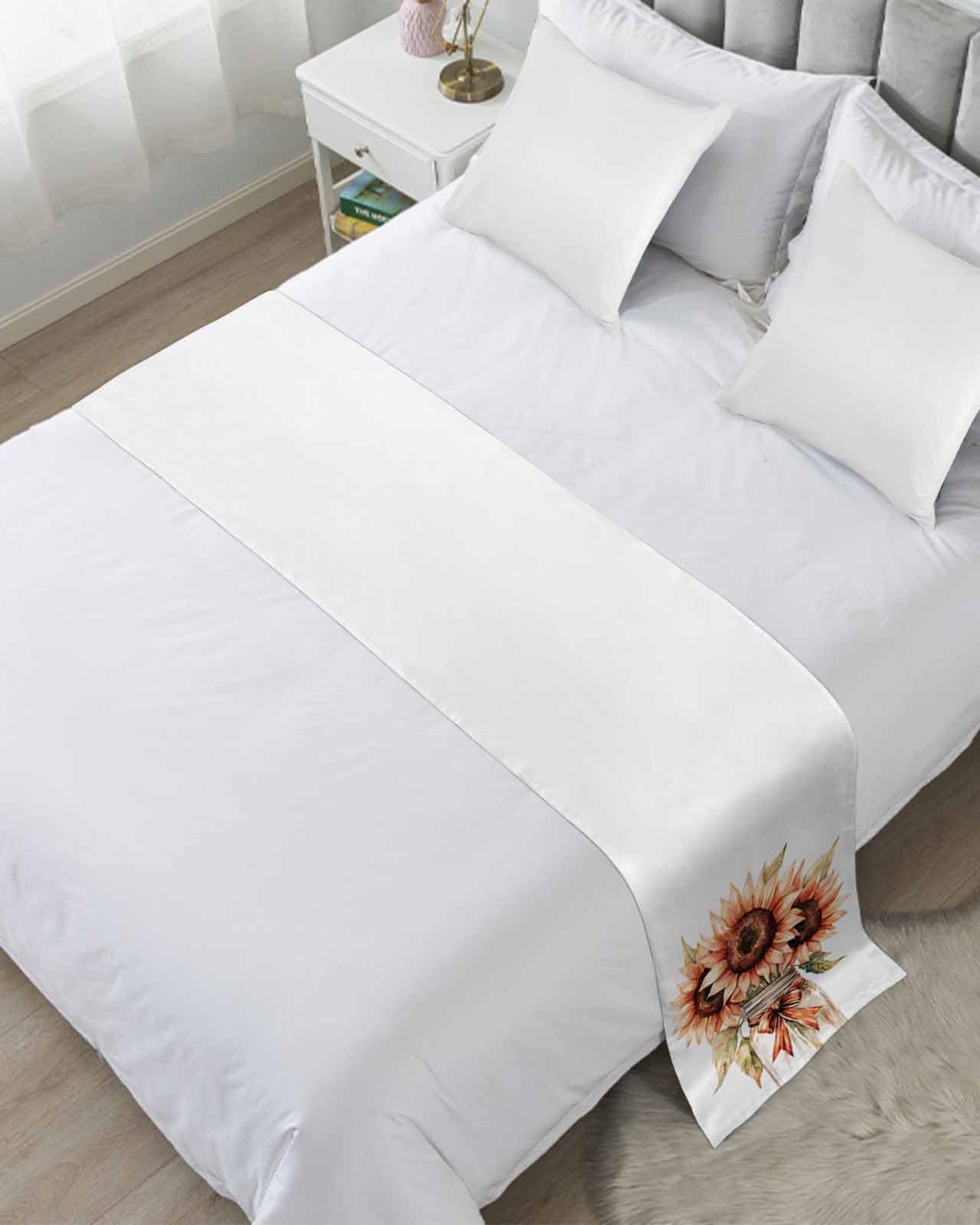 Summer Floral Bed Runner for Twin Size, Spring Sunflowers Leaf Plant Bow Vase Bedspread Protector Slipcover Bed Scarf for Foot Runners & Scarves for Bedroom Hotel Wedding Room 71x20 Inches