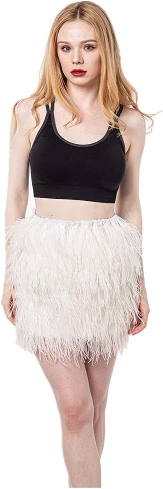 LVCOMEFF Women Natural Ostrich Feather Fur Mini Skirt for Party Club Furry Fluffy