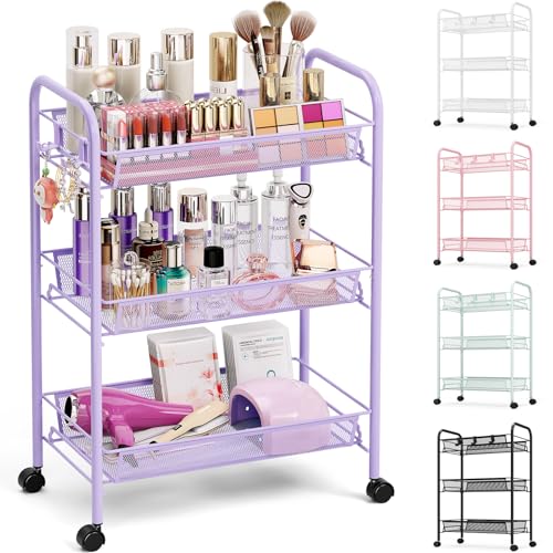 Image of TOOLF 3-Tier Metal Rolling Cart, Mesh Wire Easy Assemble Utility Cart, Storage Trolley on Wheels with 3 Hooks, MetalStorage Shelving Units for Kitchen Bathroom Laundry Room