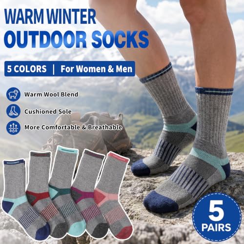 Image of MOGGEI 5 Pairs Merino Wool Hiking Socks Warm Thermal Winter Cozy Cushioned Moisture Wicking Socks for Women & Men
