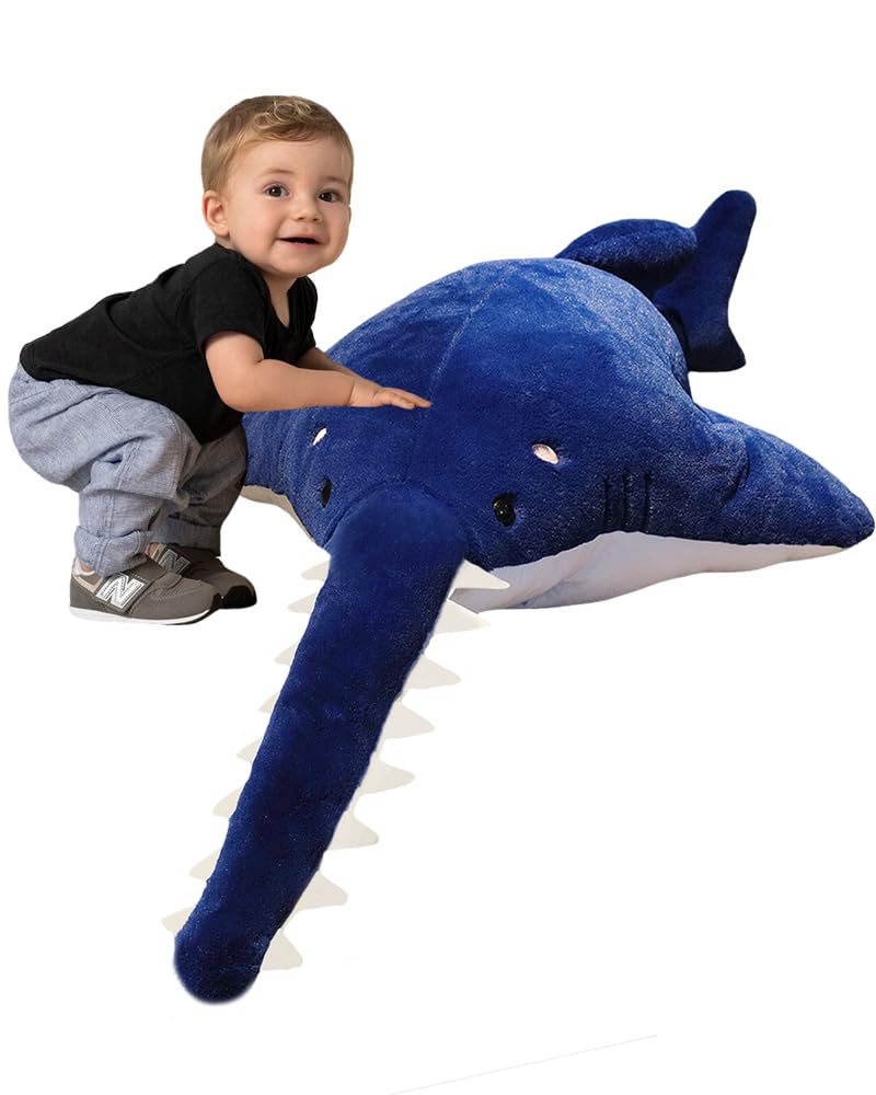 ELAINREN Realistic Blue Sawfish Stuffed Pillow Lifelike Ocean Saw Fish Plush Toy Cuddly Shark Whale Plushie Big Cushion/37.4''
