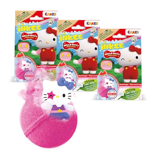 La palla da bagno a sorpresa INKEE - HELLO KITTY offre un divertimento multiplo per i tanti fan di Hello Kitty. Ideale come regalo per i bambini per portare gioia e magia nel loro bagno - CONTENUTO: 3 palline da bagno da 80 g ciascuna in giallo o turchese con profumo di anguria e sorpresa (non è possibile scegliere il colore).