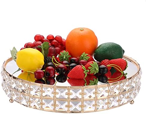 SUMNACON Metal Cake Display Stand Pedestal with Mirror Top Plate, Decorative Cupcake Stand Dessert Stand with Square Crystal Beads, 30CM Cake Stand for Birthday Party, Wedding, Anniversary (Gold)