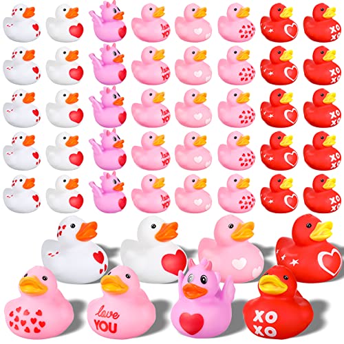 Leitee 48 Pieces Valentine Rubber Ducks Mini Heart Rubber Ducks Bulk Red and Pink Valentine Party Favors for Birthday Decoration, 8 Styles