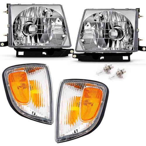 4Pcs Chrome Headlights + Parking Lights Corner Lamps Assembly Fits 1997 1998 1999 2000 Toyota Tacoma Halogen Head Lights Clear Lens Lights Replace# TO2503120 TO2502120 TO2521154 TO2520154