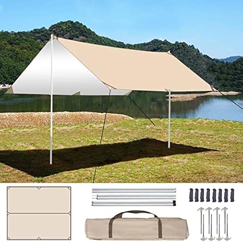Baralir Camping Tarp with Poles 3M x 5M, Waterproof Tent Tarp Hammock Rain Fly Tarp, Portable Anti-UV Windproof Snowproof Sunshade Tarp Shelter for Camping Outdoor Travel Beach Yard Cover