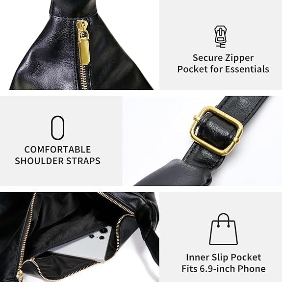 Hobo Bags for Women Foldable Vegan Leather Shoulder Handbag Slouchy Tote Crossbody Purses