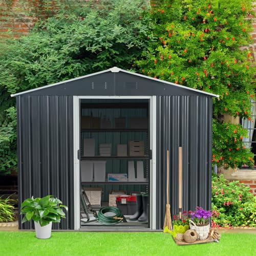 8X10-ft-Outdoor-Metal-Storage-Shed-with-Floor-Floor-Lockable-Galvanized-Steel-Tool-Shed-with-Sliding-Door-and-Air-Vent-Waterproof-Garden-Storage-House-for-Backyard-Patio 8X10 ft Outdoor Metal Storage Shed with Floor Floor Lockable Galvanized Steel Tool Shed with Sliding Door and Air Vent Waterproof Garden Storage House for Backyard Patio