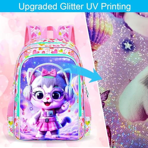 Image of CCJPX 3Pcs Cat Backpack for Girls, 16 inch Kids Bookbag with Lunch Box, Water Resistant Elementary School Bag for Kindergarten Preschool Toddler (Pink)