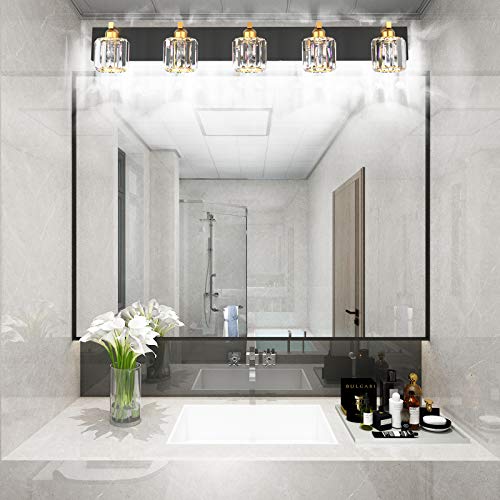 Image of Aipsun Crystal Bathroom Vanity Light Black Vanity Lighting fixtures 5 Lights Crystal Vanity Light for Bathroom(Exclude Bulb)