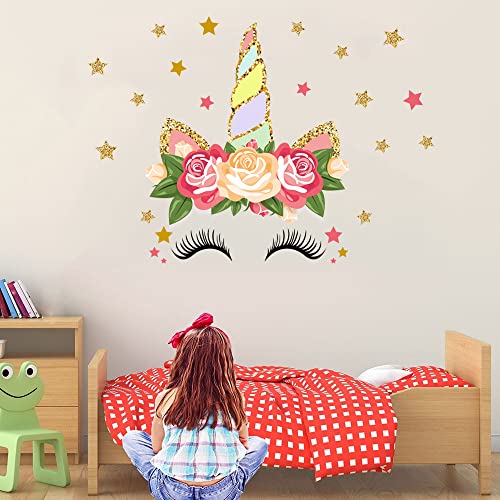 Unicorn Horn Flower Décor Wall Stickers Decals For Nursery,Eyelash Unicorn Face Star Heart Decor For Girl’s Bedroom Baby Girl Room Unicorn Decoration For Girl’s Birthday Party #TOP2