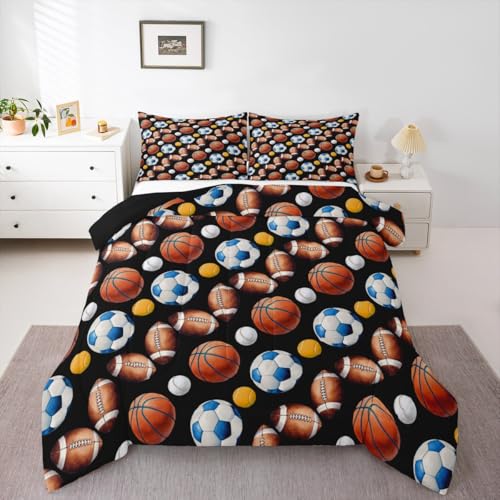 Image of Feelyou Soccer Football Comforter Set Queen Size Basketball Baseball Softball Sport Theme Bedding Set for Kids Boys Girls Black Duvet Quilt Bedroom Decor Microfiber 3 Pcs with 2 Pillow Cases