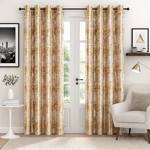 Image of HUTI Home Room Darkening Door Curtain for Home | Heavy Polyester Knitted Jacquard Look Eyelet Curtain | Texture Print | Gold | 7 Feet (120 x 213 cm) | Set of 2