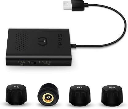 dasaita USB نظام مراقبة ضغط الإطارات، مع 4 أجهزة استشعار خارجية لوحدة رأس Android، شريط دعم أداة تشخيص إطارات السيارات وبدلة PSI، APP نظام مراقبة ضغط الإطارات في الوقت الحقيقي 0-116 PSI