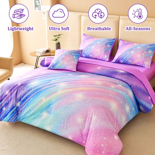 Image of Full Size Bedding Set for Girls, Glitter Rainbow Comforter Set Full, 6 pcs Bed in A Bag Full Size Comforter Sets for Girls Kids, Galaxy Purple Bedding Sets with Sheets