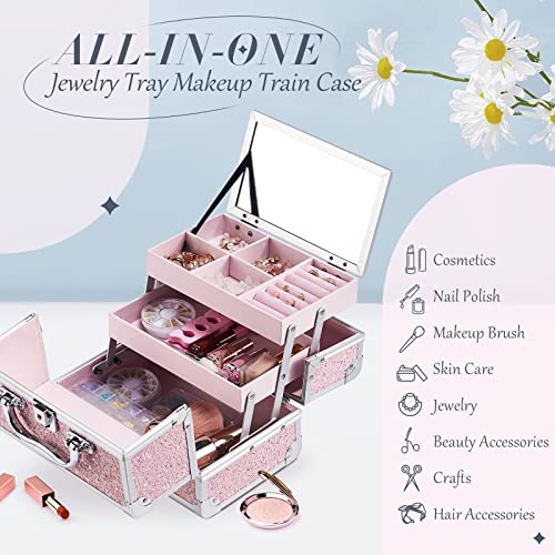 Frenessa Jewelry Box Makeup Travel Case Storage Jewelry Organizer Case Lockable With Keys And Mirror For Cosmetic Makeup Brushes Toiletry Jewelry Nail Polish Vintage For Women And Girl - Shiny Pink #TOP2