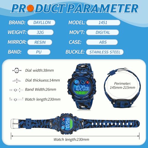 Image of Dayllon Kids Digital Watch,Boys Digital Outdoor Sport Waterproof Watch,with Calendar 12 /24H Alarm 7 Colorful Backlight Stopwatch Wristwatch for 3-15 Years Old