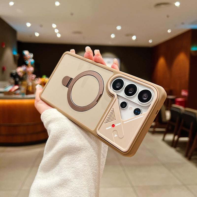 Image of LuxuryKase Magnetic Shockproof Case for Samsung Galaxy S26 Ultra | Foldable 110 Metal Ring Kickstand | Matte Finish | Futuristic Camera Shield Design | Slim Profile & MagSafe Compatible - Khaki