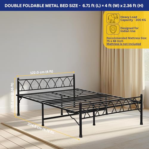 Image of DELITE KOM Mario Foldable Metal Bed | Double Size (6.71ft x 4ft) | Portable | No Installation | Strong Steel Frame | Powder Coated | Heavy Load | for 75 inchx48 inch Mattress | Glossy Black | 1 Year Warranty