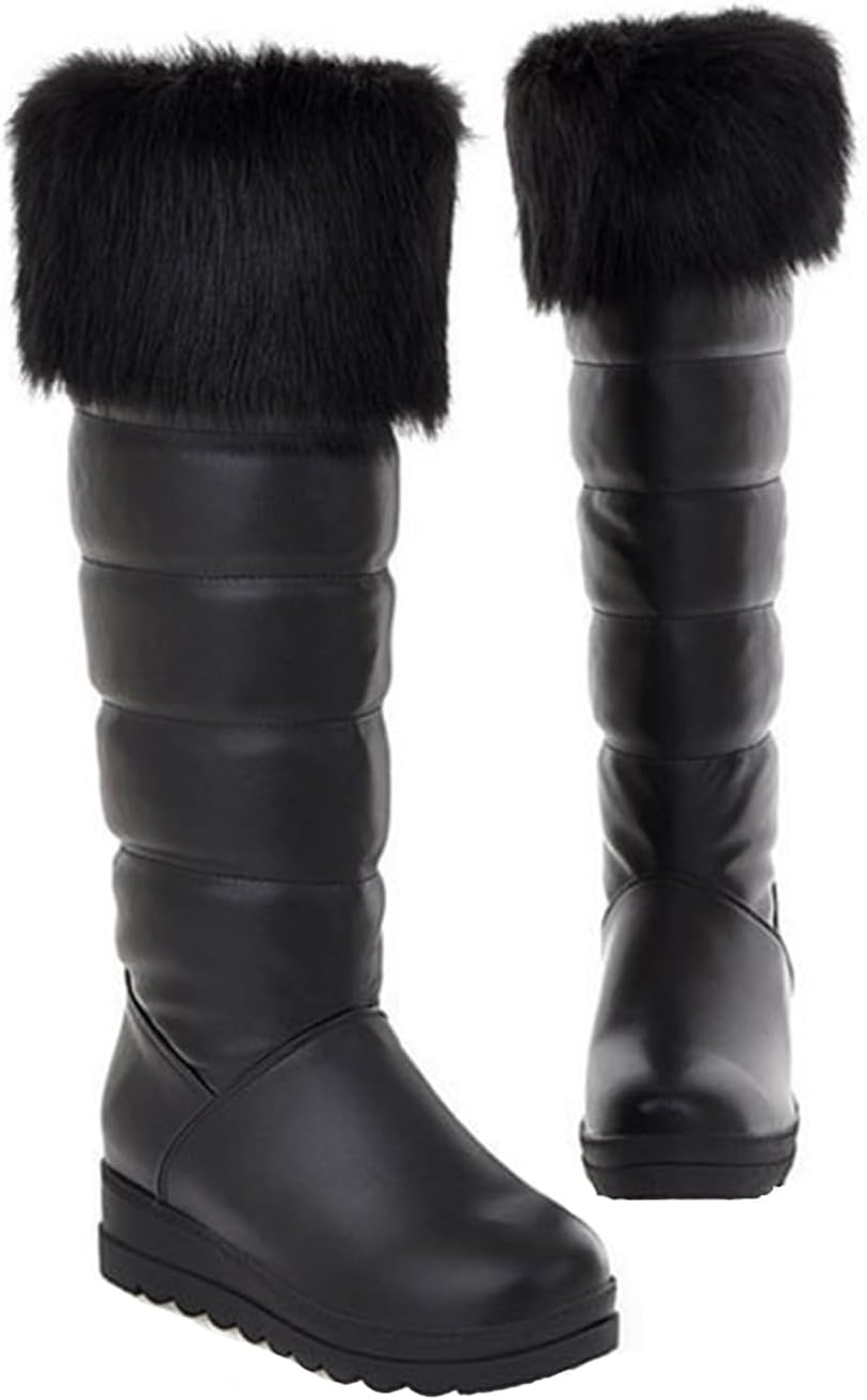 Women Winter Warm Fur Lined Knee High Down Snow Boots Outdoor Waterproof Rain Pull-On Cold-Resistant Comfy Platform Walking Snow Boot