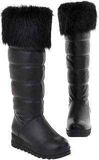 Women Winter Warm Fur Lined Knee High Down Snow Boots Outdoor Waterproof...