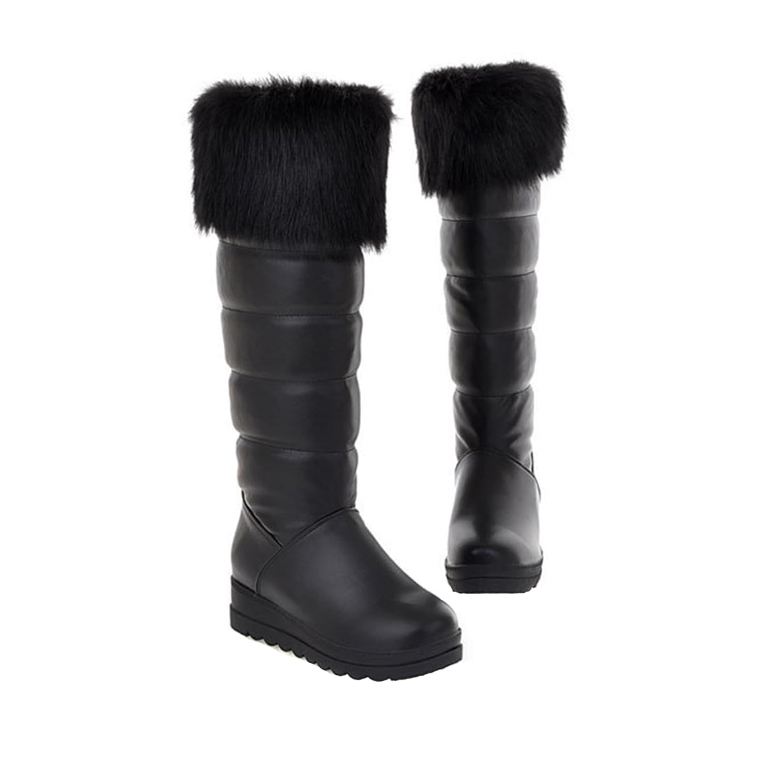 Women Winter Warm Fur Lined Knee High Down Snow Boots Outdoor Waterproof Rain Pull-On Cold-Resistant Comfy Platform Walking