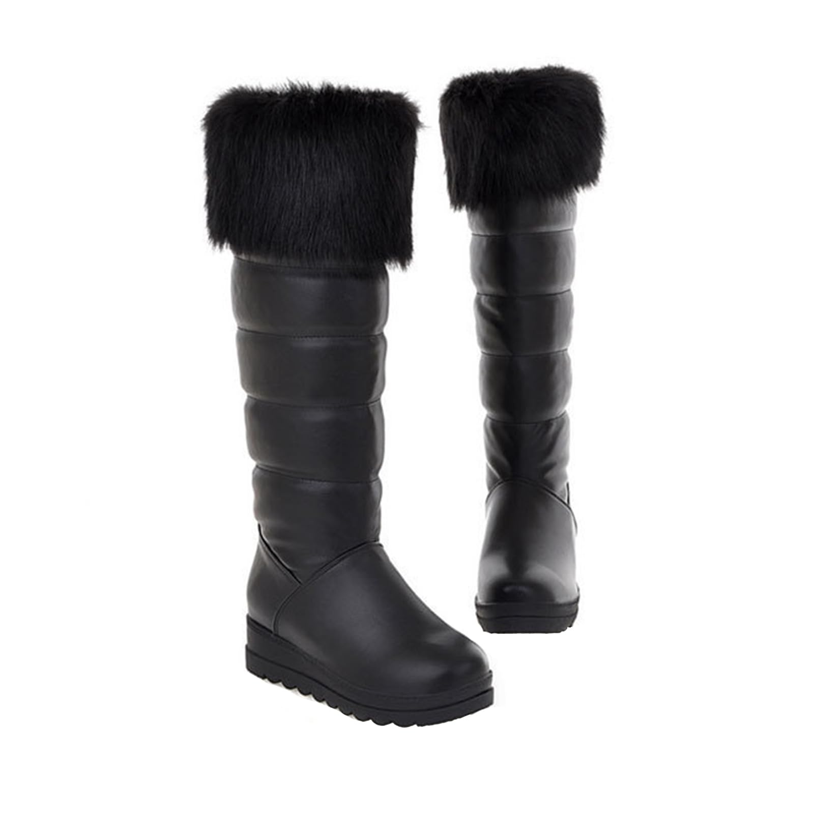 Women Winter Warm Fur Lined Knee High Down Snow Boots Outdoor Waterproof Rain Pull-On Cold-Resistant Comfy Platform Walking