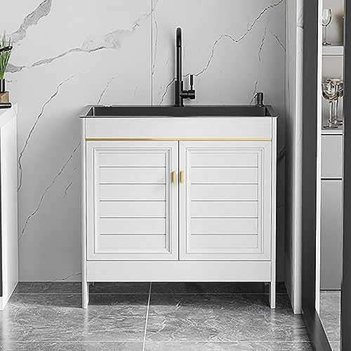 Freestanding Laundry Utility Sink with Cabinet, Faucet, and Storage Shelves – Ideal for Garage, Restaurant, Indoor/Outdoor Use – Durable and Functional Drainer Unit.