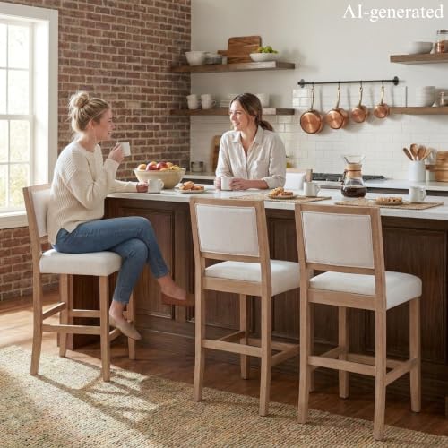 Butacos de altura para barra de 26 pulgadas, juego de 4 unidades en color beige con respaldo, asiento tapizado en lino y estructura de madera sólida para pub en casa, isla de cocina o barra desayunadora miniatura 6