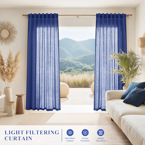 Image of Joywell Linen Curtains 96 Inches Long for Living Room Classic Blue