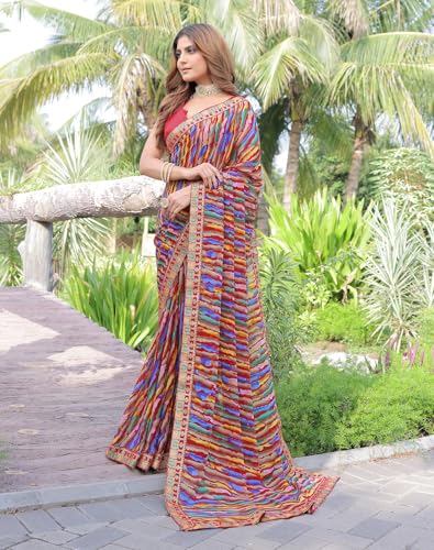 Image of Yashika women Women's Georgette Saree with Lace Border | Lightweight Laheriya Saree for Women with Unstitched Blouse Piece