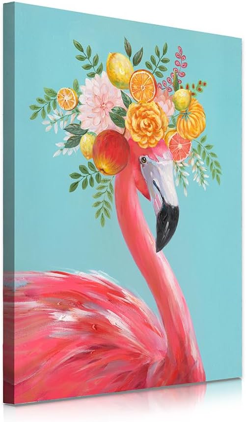 Yidepot Colorful Flamingo Canvas Wall Art - Vibrant Bird Decor Teal Pink Flamingo Animals Picture for Girls Bathroom Decor 16x24