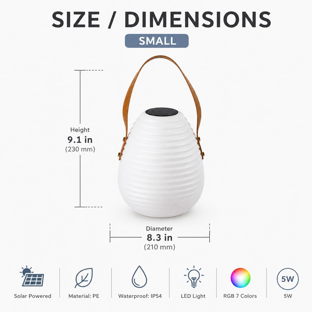 Solar Table Lamp, 5W Color Changing LED Portable Outdoor Lantern | Ribbed PE Body with Carry Handle and IP54 Protection for Patios, Decks, Gardens, Balconies, and Camping(Small)