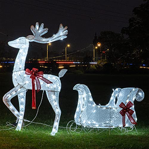 Hourleey Lighted Christmas Decorations Outdoor, Pre-Lit 3D Santa Sleigh Reindeer With 100 Led Cool White Light, Plug In Waterproof Christmas Deer Decorations For Outdoor Yard Lawn Garden Party #TOP5