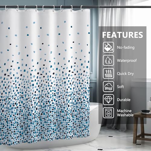 Hoomtaook Duschvorhang 240x200cm Blau Mosaik, Wasserdicht Textil Polyester Waschbar mit 12 Haken und Gewicht Unten