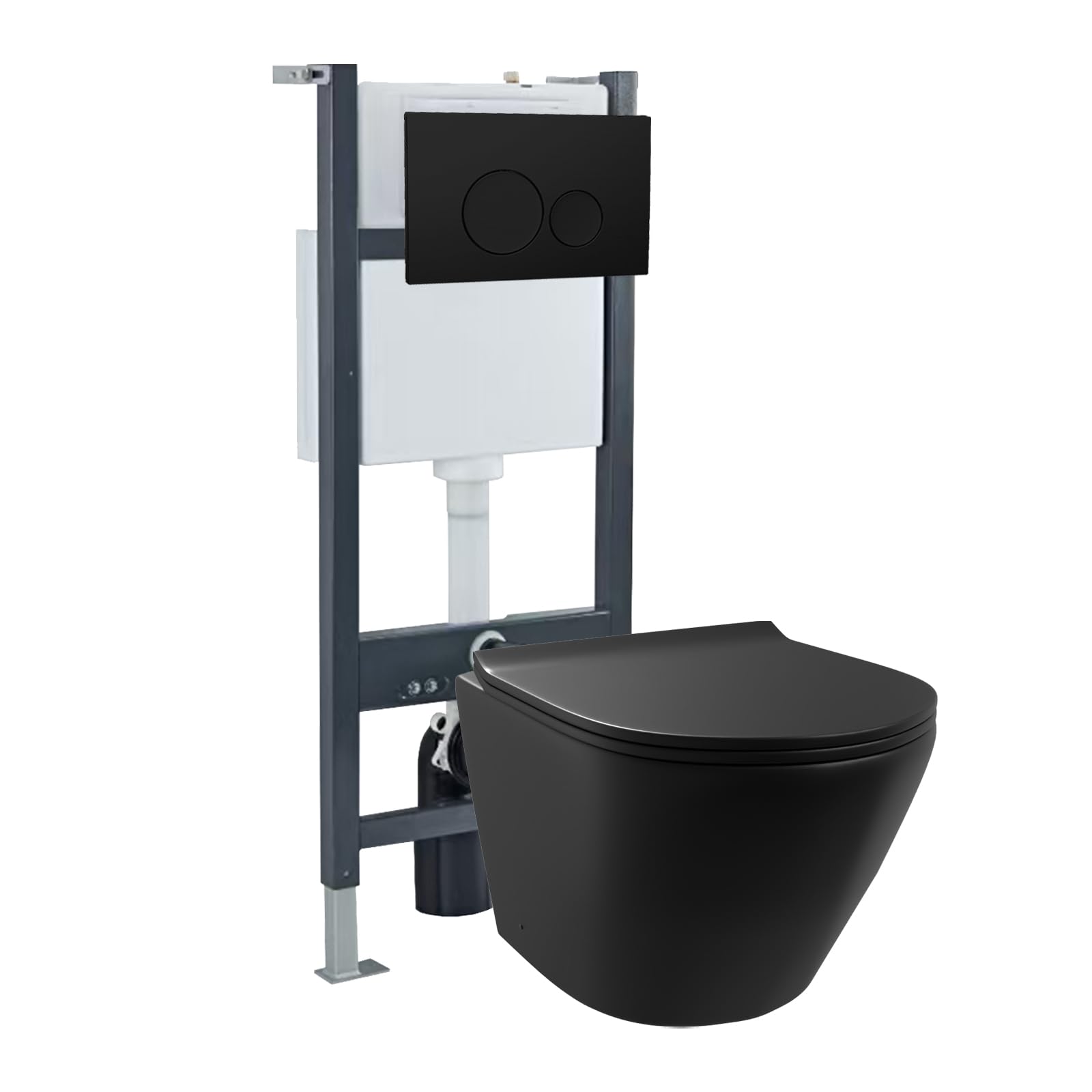Nes Home Rimless Round Wall Hung Toilet, Cistern Frame, Flush Button Matte Black 5083301823825