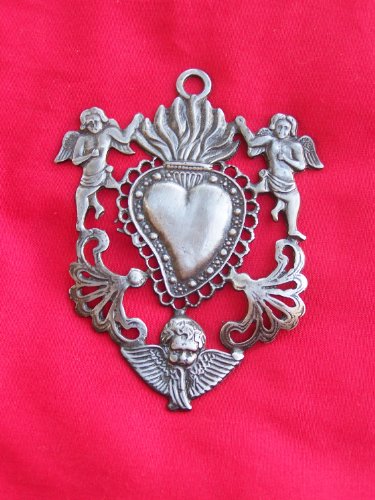 Tin/Silver Sacred Heart with Angels Milagro Ex Voto