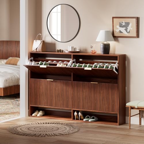 Image of Evermagin 47.2''W Walnut Shoe Cabinet Storage for Entryway, Fluted Slim Shoe Dresser with 4 Flip Drawers, Narrow Shoe Rack Cabinet, Hidden Shoe Organizer Cabinet for Entrance, Hallway