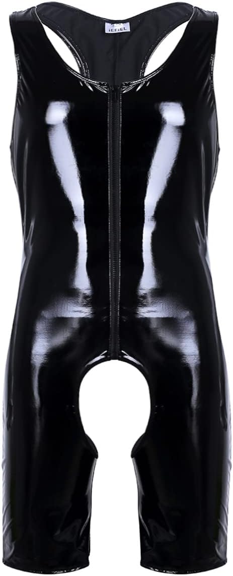 Jhaoyu Men's Faux Leather One Piece Bodysuit Sleeveless Front Zipper Leotard Boxer Shorts Jumpsuit Romper