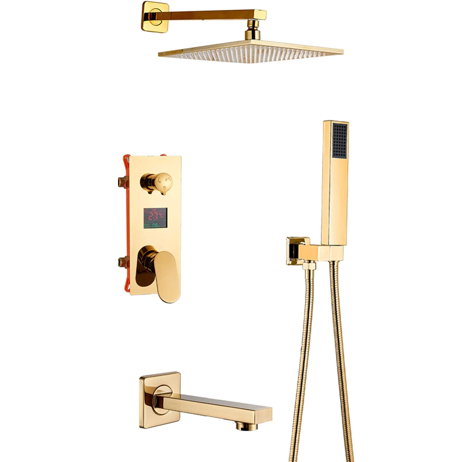 NZPOST Shower Faucet Set Gold, 10in Rainfall Shower Head, Temperature Display, Brass Shower with Tub Sp