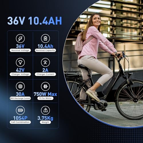 Image of Battery for Ebike 36V, 10.4Ah Lithium Pack with BMS for 0-1500W Motor, Indicator Light, Safe Lock, USB Port, XT60 Plug 4pin Replacement Battery