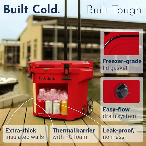Image of Laka Cooler with Wheels - 30QT Rotomolded Insulated Rolling Hard Cooler, Telescoping Handle, Holds 24 Cans + Ice, Up to 7 Days Cold, Drain Plug, Cup Holders + Bottle Opener, Beach /Camping /Boat