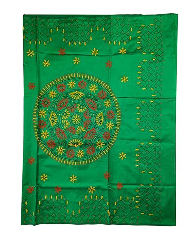 Image of SHRISTI CLOTHINGS Women's Hand Embroidered Cotton Silk Kantha Stitch Saree with Blouse Piece (SB420324 GREEND3)