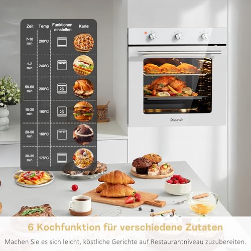 Disaenvir Einbaubackofen 60cm Freistehend 6 Funktionen Backofen Einbauofen mit Stecker Drehknopfsteuerung B60L Timer 2200W, mit Grill und Emailliertem Backblech, 3D Heißluft Backen 6 Ebenen Weiß