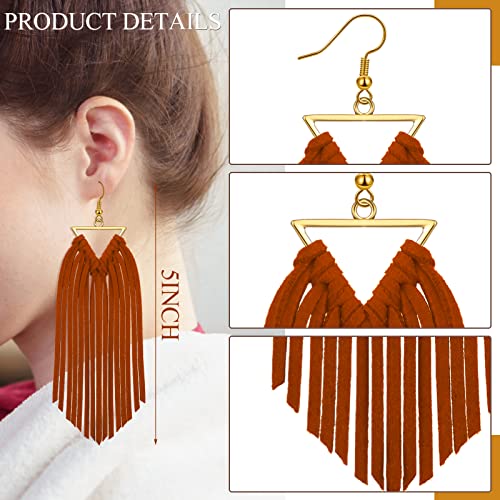 Sasylvia 9 Pairs Fringe Leather Earrings Western Boho Leather Earrings For Women Triangle Deerskin Leather Fringe Statement Dangle Earrings For Women Girls #TOP1