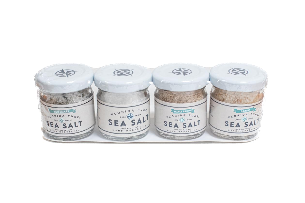 FLORIDA PURE Sea Salt Sunshine Sampler Pack - Pure & Flavored - 80+ Mineral Salt, Natural, Unrefined, Non Iodized - for Baking, Cooking, & Seasoning - Flaky Sea Salt - 4 Glass Jars (0.7 oz Each)